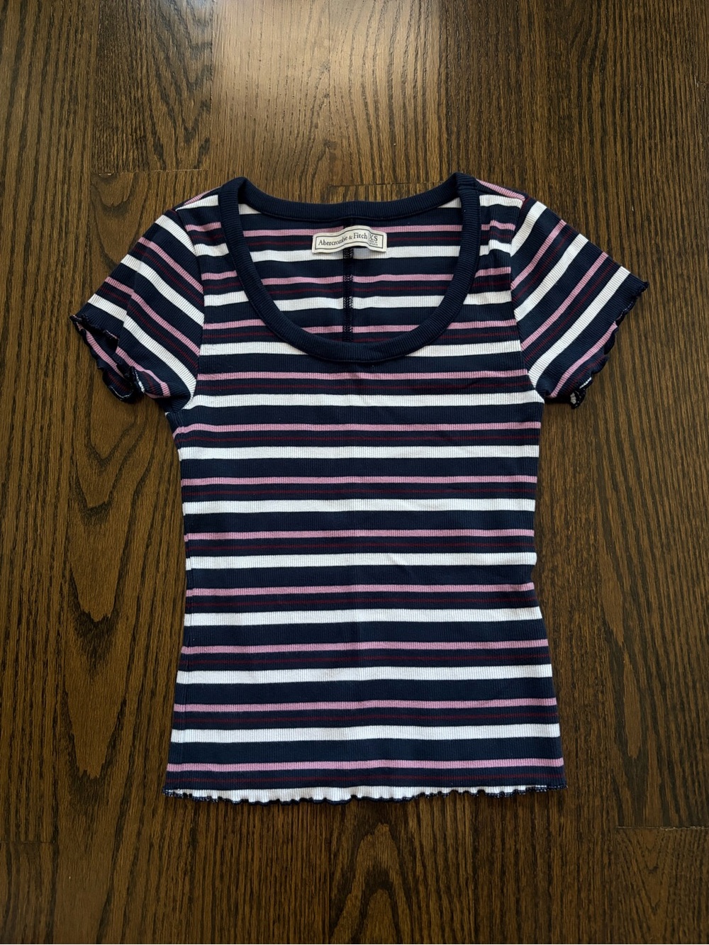 Abercrombie & Fitch Navy, White & Pink Striped Ribbed Tee